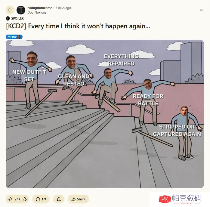玩家厌倦了角色在《天国：拯救2》中总是被扒光外衣的设定